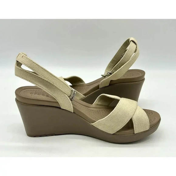 Crocs Leigh II Cross Strap Ankle Wedge Sandals Womens Size 10 Beige Shoes 204950 - Picture 10 of 12